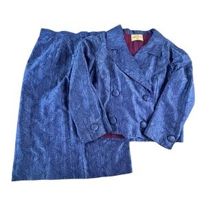 Vogue Paris Original Vintage Blue Paisley Jacquard Skirt Suit Double Breasted